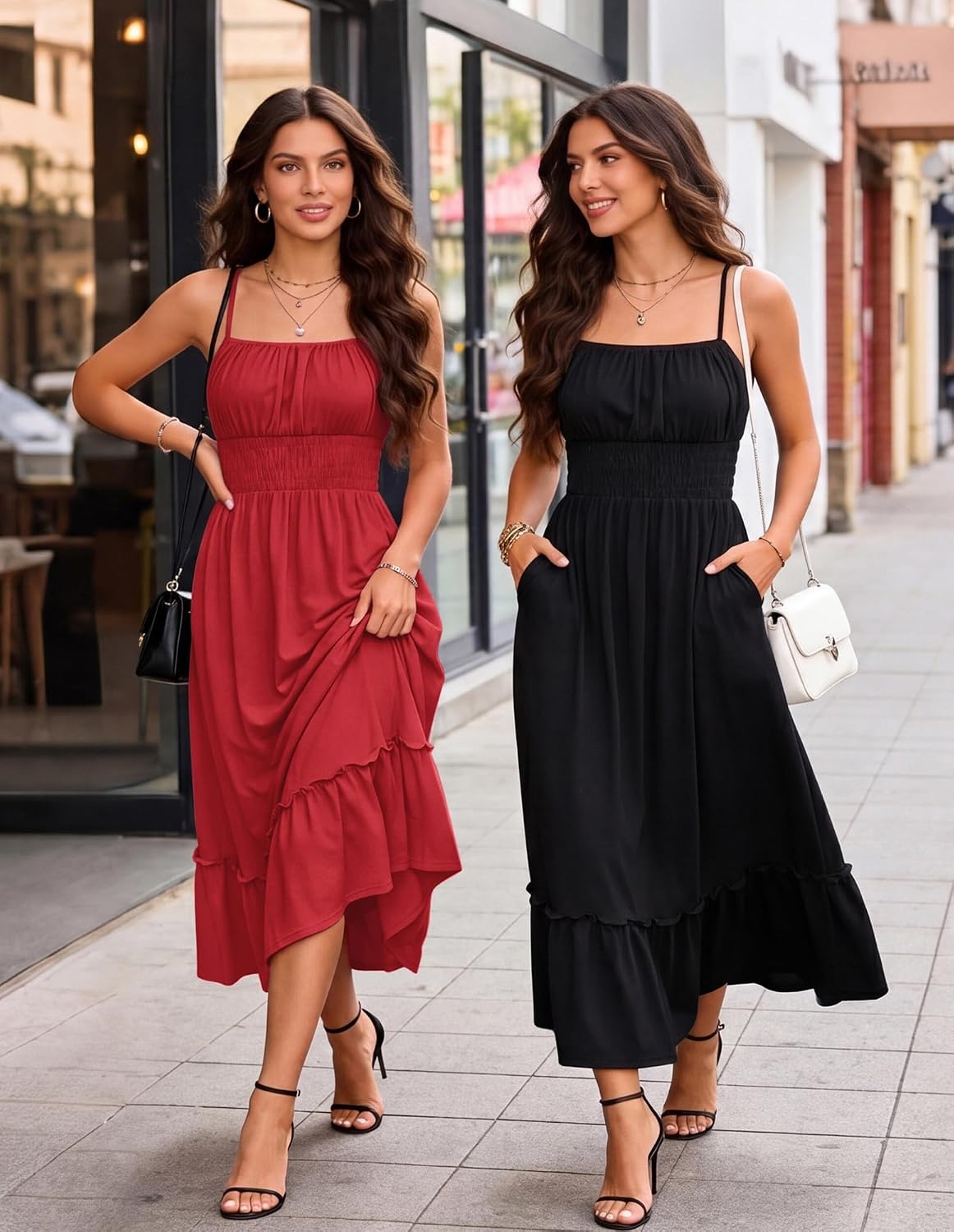 image:imageGRACE KARIN Womens Summer Maxi Dresses 2026 Beach Vacation Dress Casual Smocked Waist Spaghetti Strap Sleeveless Boho Sundress With Pockets Trendy Fashion OutfitsRed