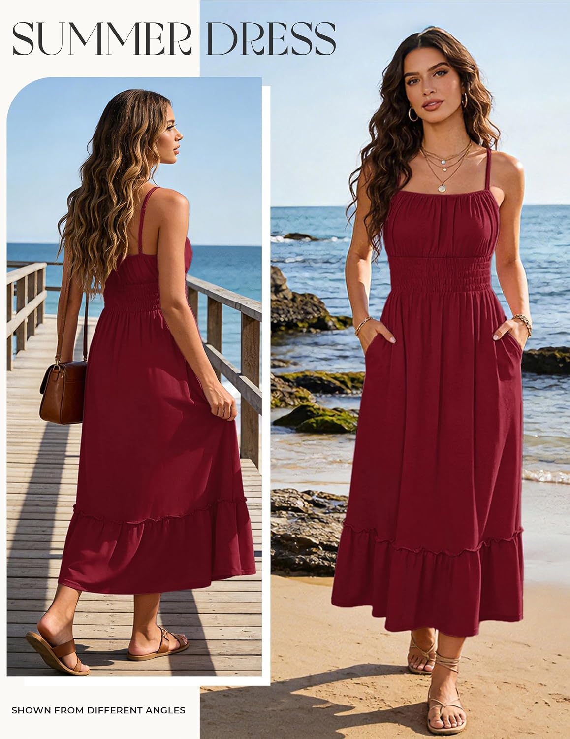 image:imageGRACE KARIN Womens Summer Maxi Dresses 2026 Beach Vacation Dress Casual Smocked Waist Spaghetti Strap Sleeveless Boho Sundress With Pockets Trendy Fashion OutfitsBurgundy