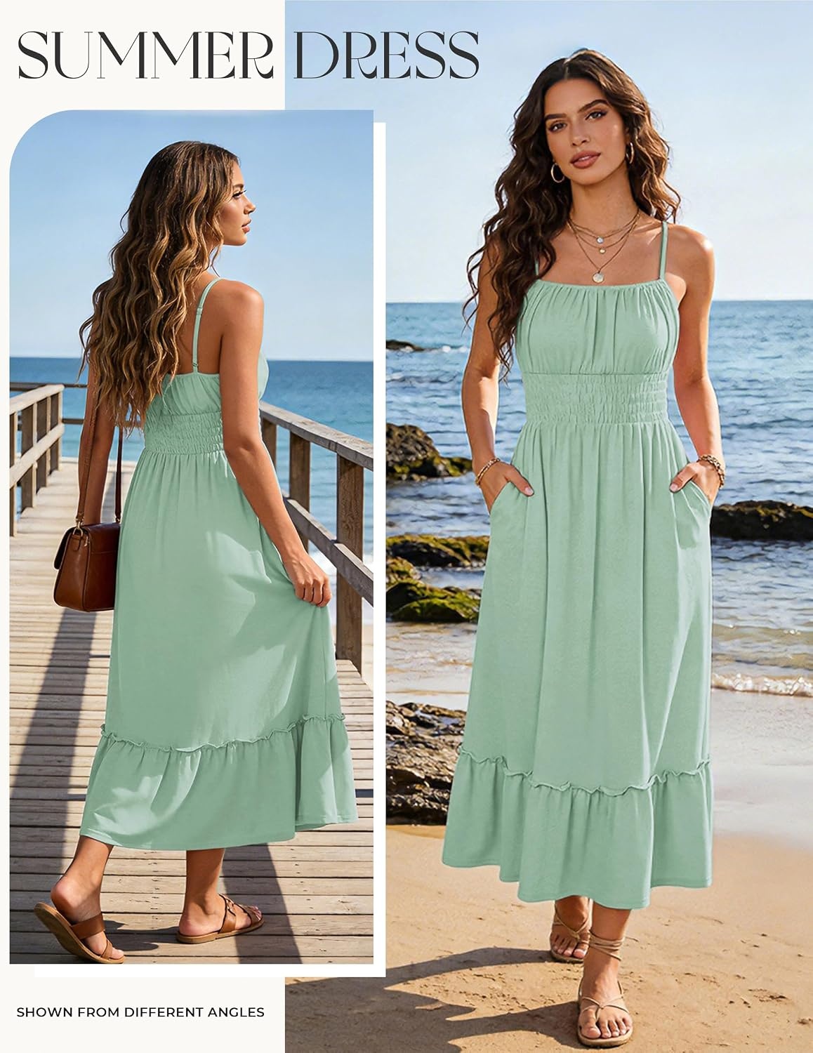image:imageGRACE KARIN Womens Summer Maxi Dresses 2026 Beach Vacation Dress Casual Smocked Waist Spaghetti Strap Sleeveless Boho Sundress With Pockets Trendy Fashion OutfitsLight Green