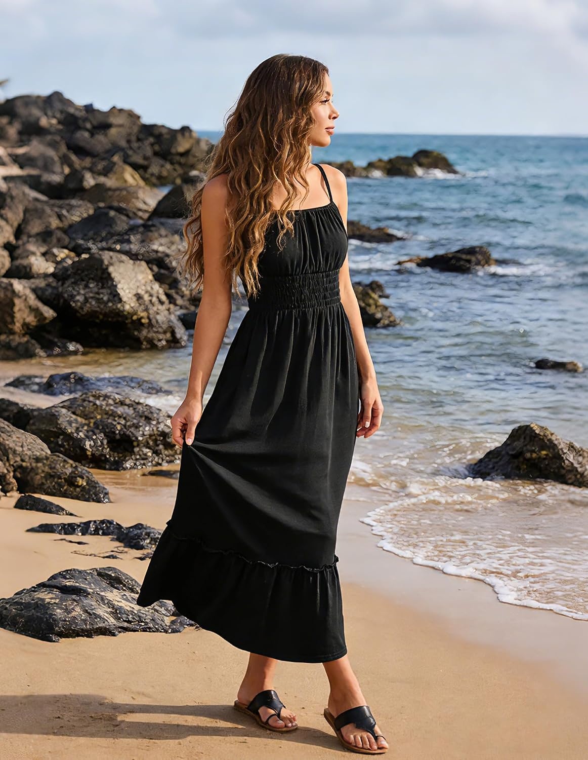 image:imageGRACE KARIN Womens Summer Maxi Dresses 2026 Beach Vacation Dress Casual Smocked Waist Spaghetti Strap Sleeveless Boho Sundress With Pockets Trendy Fashion OutfitsBlack