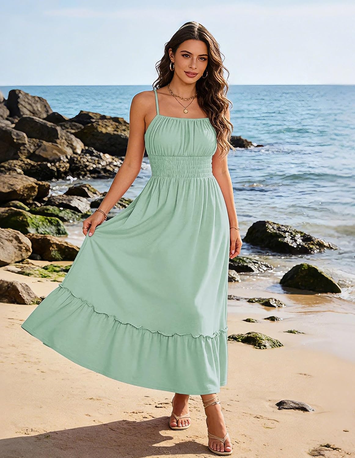 image:imageGRACE KARIN Womens Summer Maxi Dresses 2026 Beach Vacation Dress Casual Smocked Waist Spaghetti Strap Sleeveless Boho Sundress With Pockets Trendy Fashion OutfitsLight Green