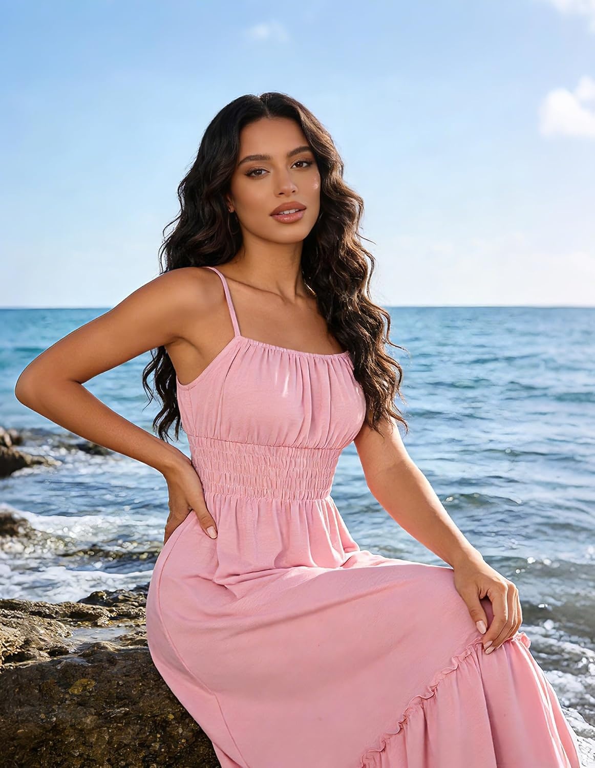 image:imageGRACE KARIN Womens Summer Maxi Dresses 2026 Beach Vacation Dress Casual Smocked Waist Spaghetti Strap Sleeveless Boho Sundress With Pockets Trendy Fashion OutfitsLight Pink