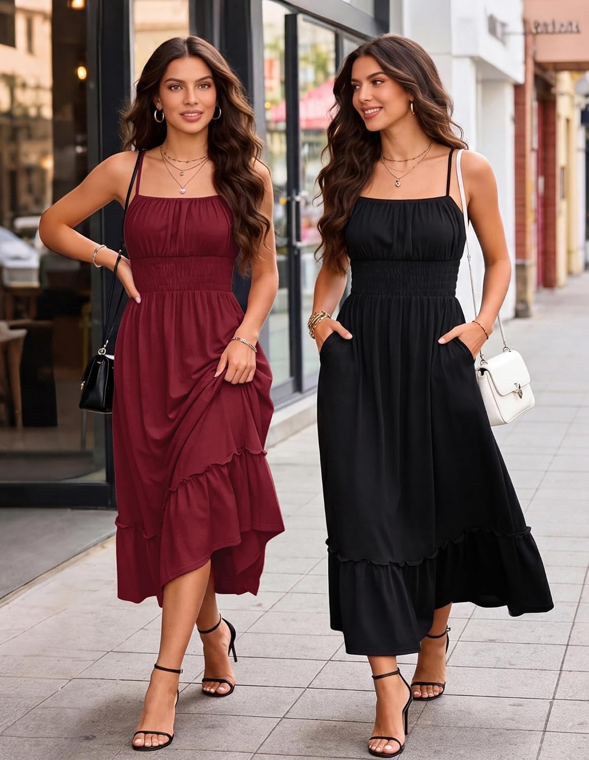 image:imageGRACE KARIN Womens Summer Maxi Dresses 2026 Beach Vacation Dress Casual Smocked Waist Spaghetti Strap Sleeveless Boho Sundress With Pockets Trendy Fashion OutfitsBurgundy