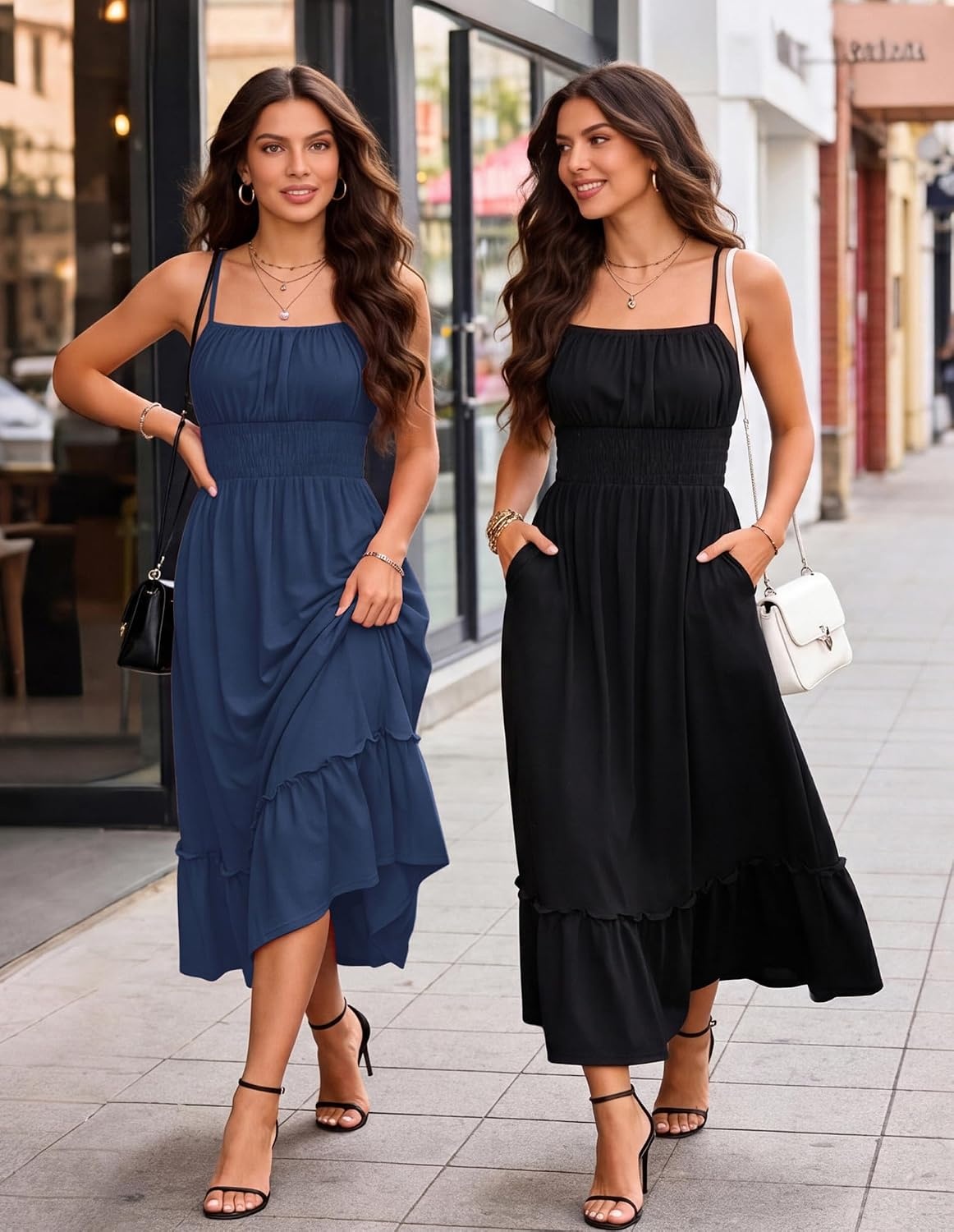 image:imageGRACE KARIN Womens Summer Maxi Dresses 2026 Beach Vacation Dress Casual Smocked Waist Spaghetti Strap Sleeveless Boho Sundress With Pockets Trendy Fashion OutfitsNavy Blue