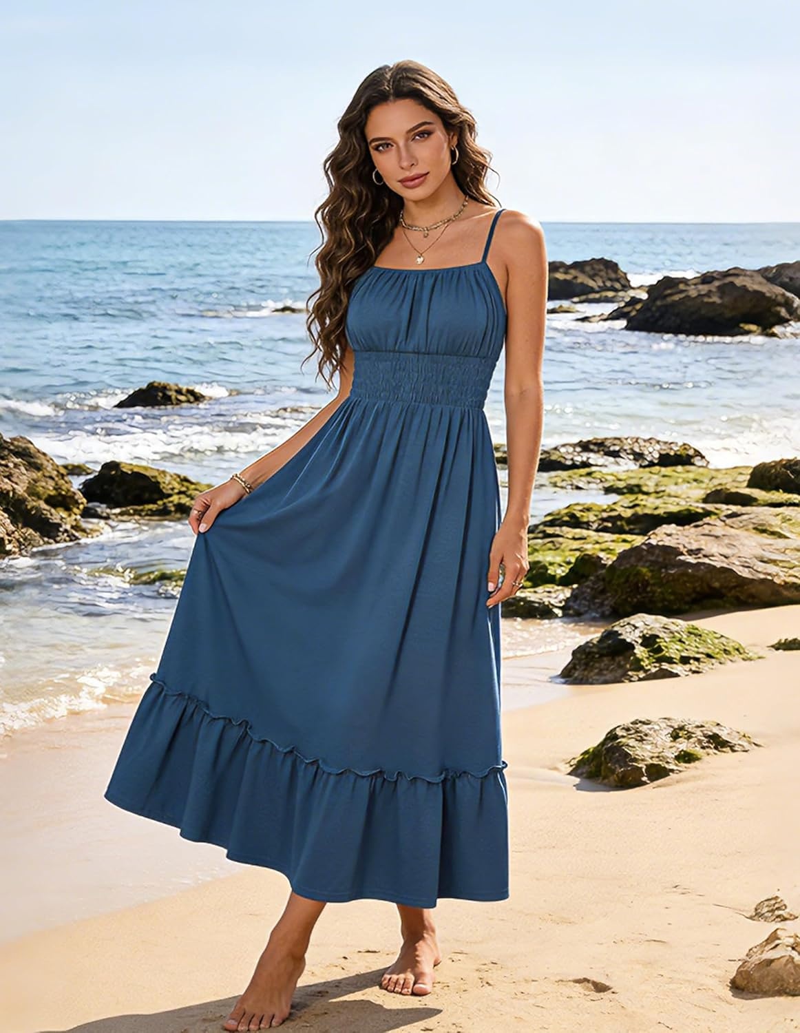 image:imageGRACE KARIN Womens Summer Maxi Dresses 2026 Beach Vacation Dress Casual Smocked Waist Spaghetti Strap Sleeveless Boho Sundress With Pockets Trendy Fashion OutfitsBlue