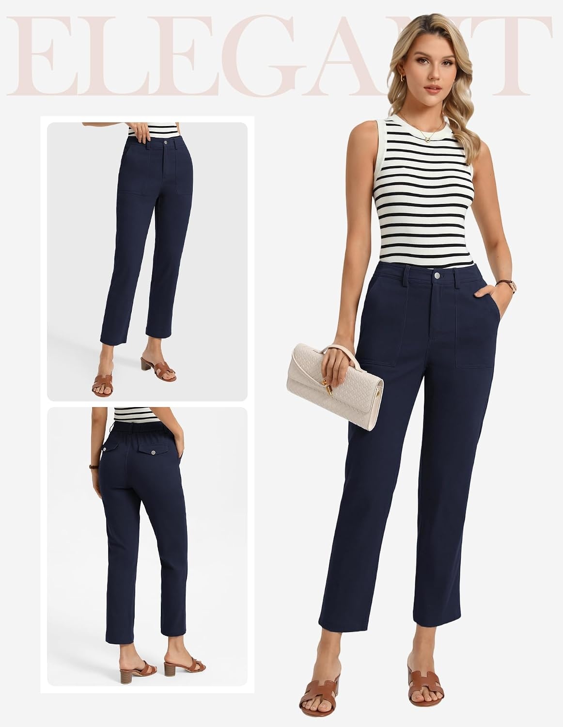 image:imageGRACE KARIN Womens Work Pants Business Casual 2026 Trousers with Pockets Trendy High Waisted Work Cropped Ankle Length Office Elastic Waist Tapered Slacks Teacher CaprisNavy