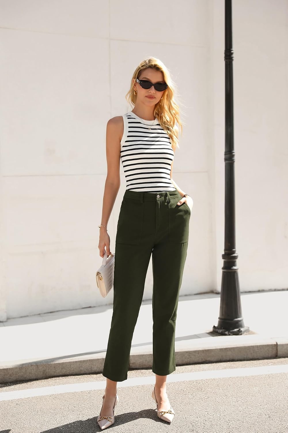 image:imageGRACE KARIN Womens Work Pants Business Casual 2026 Trousers with Pockets Trendy High Waisted Work Cropped Ankle Length Office Elastic Waist Tapered Slacks Teacher CaprisArmy Green