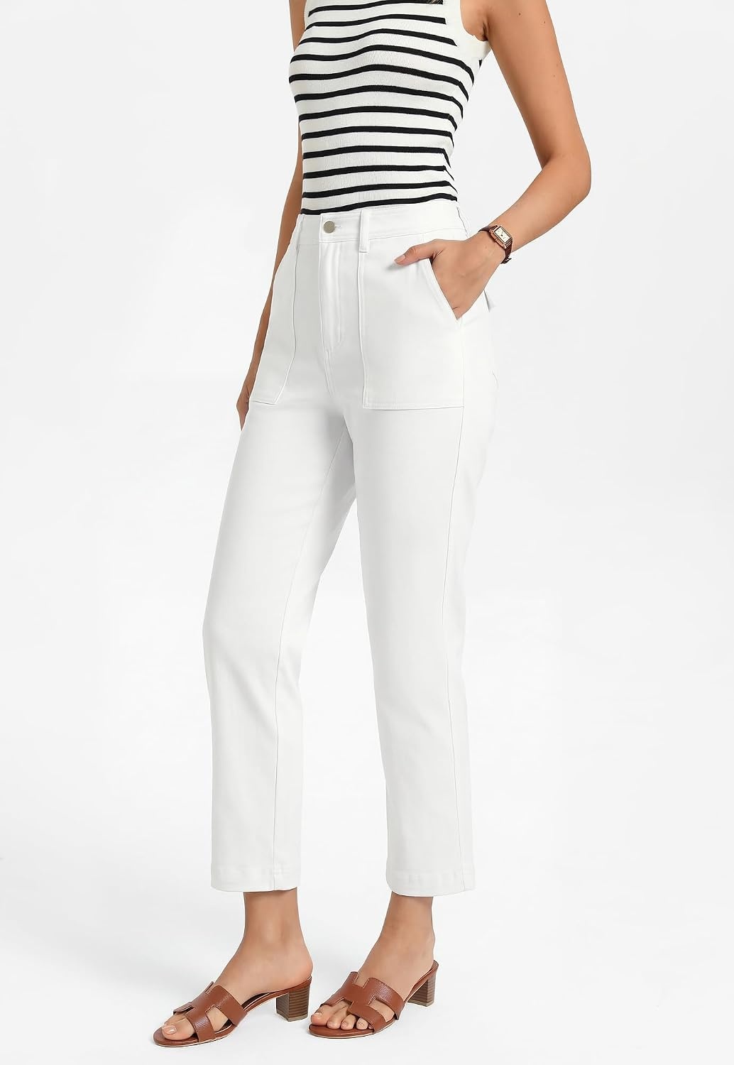 image:imageGRACE KARIN Womens Work Pants Business Casual 2026 Trousers with Pockets Trendy High Waisted Work Cropped Ankle Length Office Elastic Waist Tapered Slacks Teacher CaprisWhite