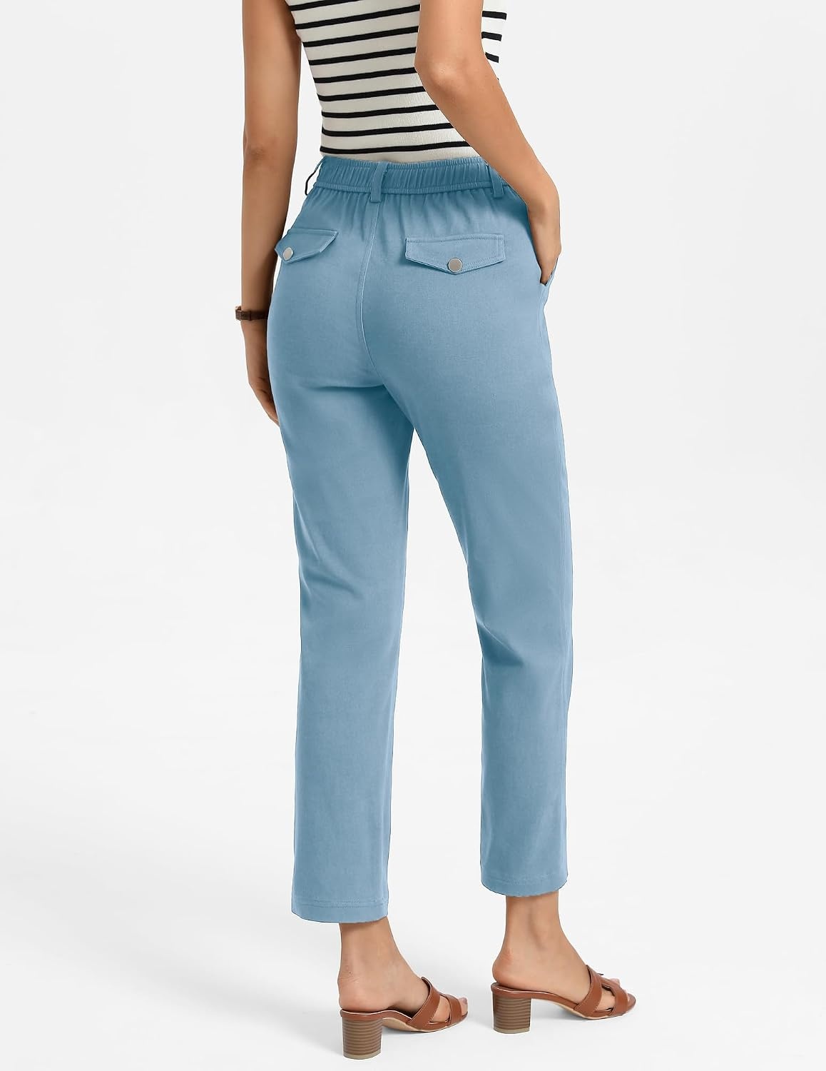 image:imageGRACE KARIN Womens Work Pants Business Casual 2026 Trousers with Pockets Trendy High Waisted Work Cropped Ankle Length Office Elastic Waist Tapered Slacks Teacher CaprisDark Denim