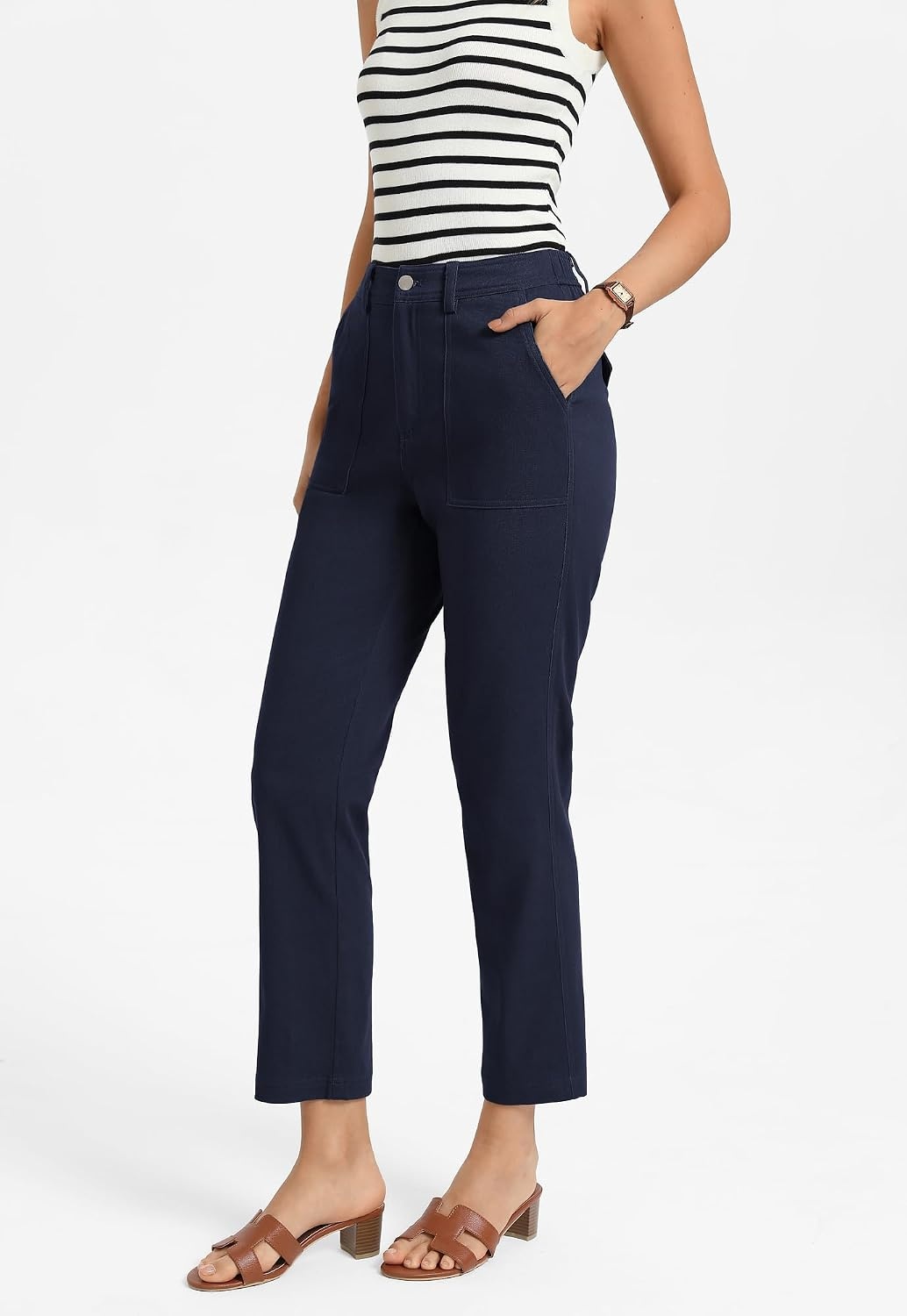 image:imageGRACE KARIN Womens Work Pants Business Casual 2026 Trousers with Pockets Trendy High Waisted Work Cropped Ankle Length Office Elastic Waist Tapered Slacks Teacher CaprisNavy