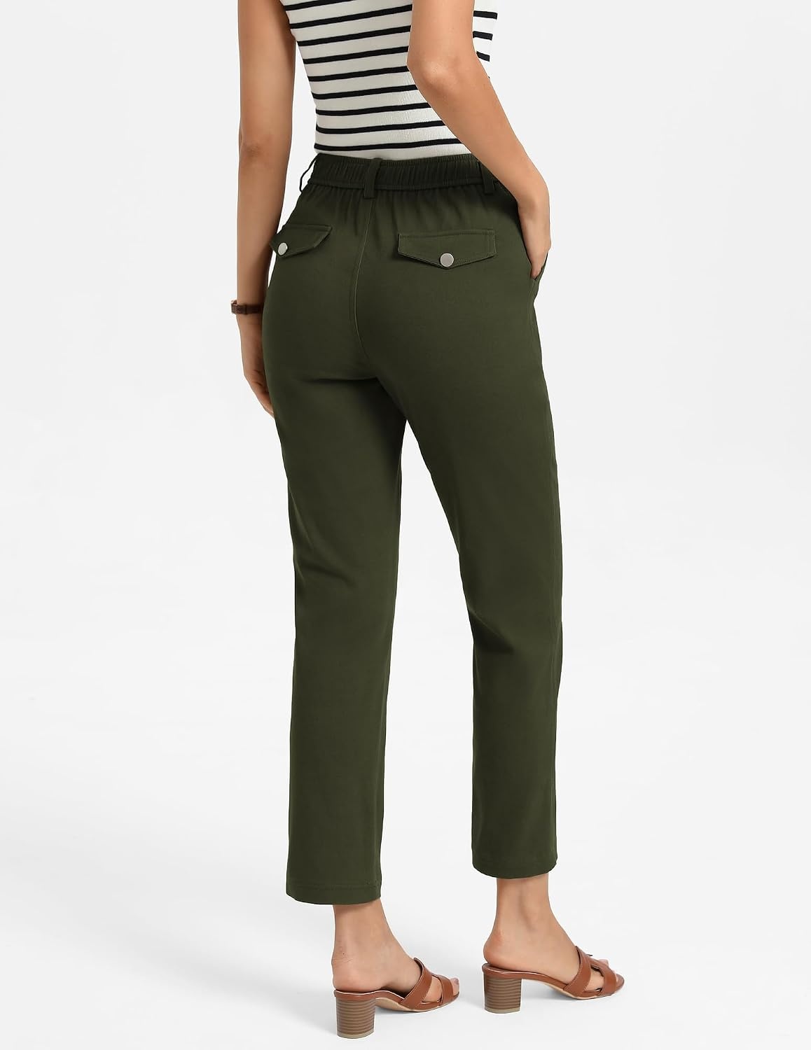 image:imageGRACE KARIN Womens Work Pants Business Casual 2026 Trousers with Pockets Trendy High Waisted Work Cropped Ankle Length Office Elastic Waist Tapered Slacks Teacher CaprisArmy Green