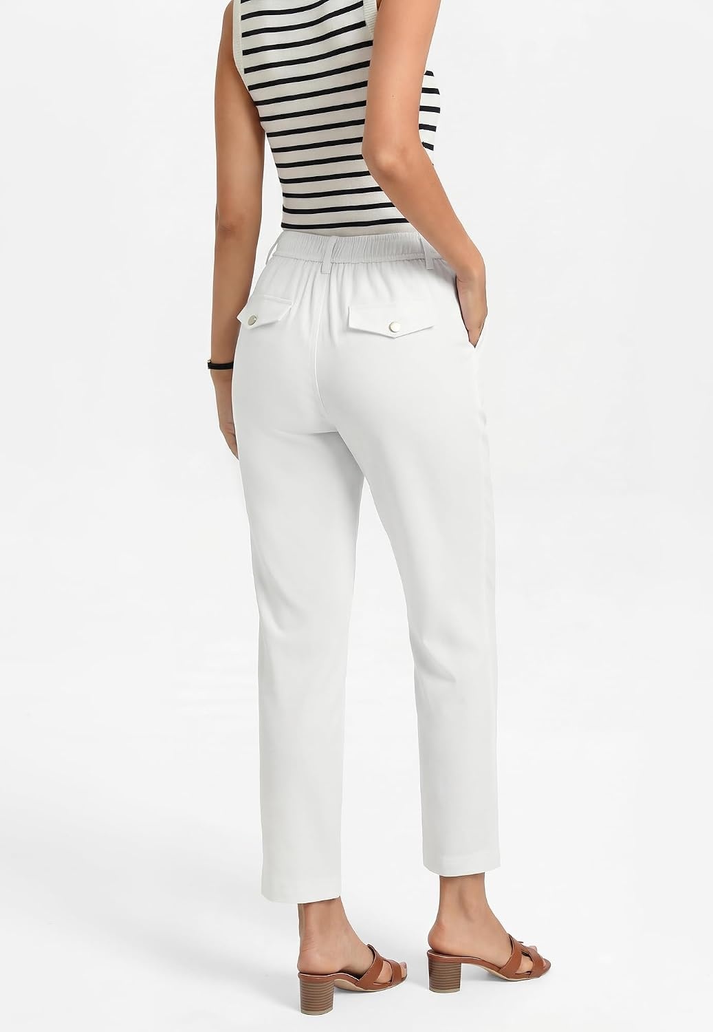 image:imageGRACE KARIN Womens Work Pants Business Casual 2026 Trousers with Pockets Trendy High Waisted Work Cropped Ankle Length Office Elastic Waist Tapered Slacks Teacher CaprisWhite