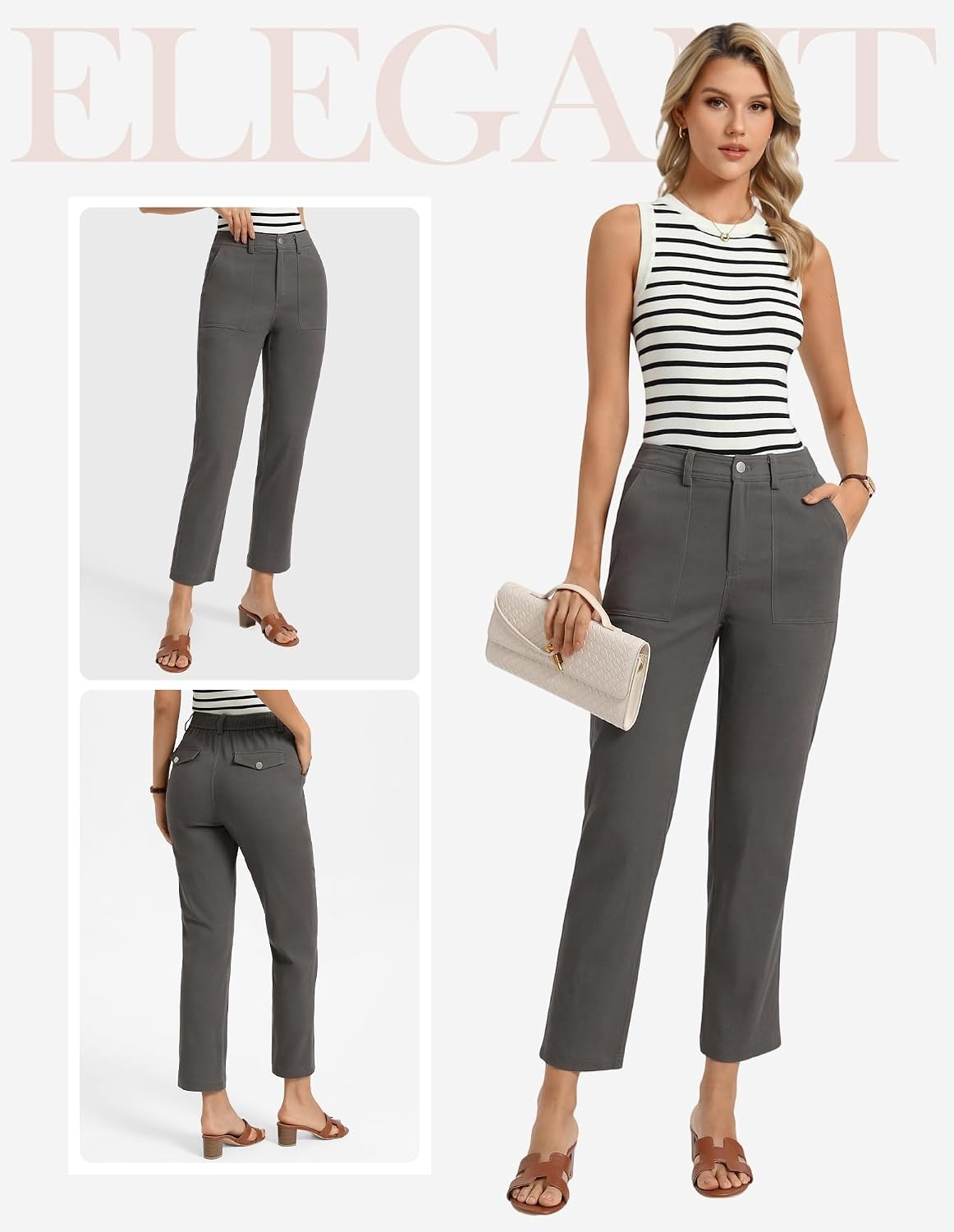 image:imageGRACE KARIN Womens Work Pants Business Casual 2026 Trousers with Pockets Trendy High Waisted Work Cropped Ankle Length Office Elastic Waist Tapered Slacks Teacher CaprisGrey