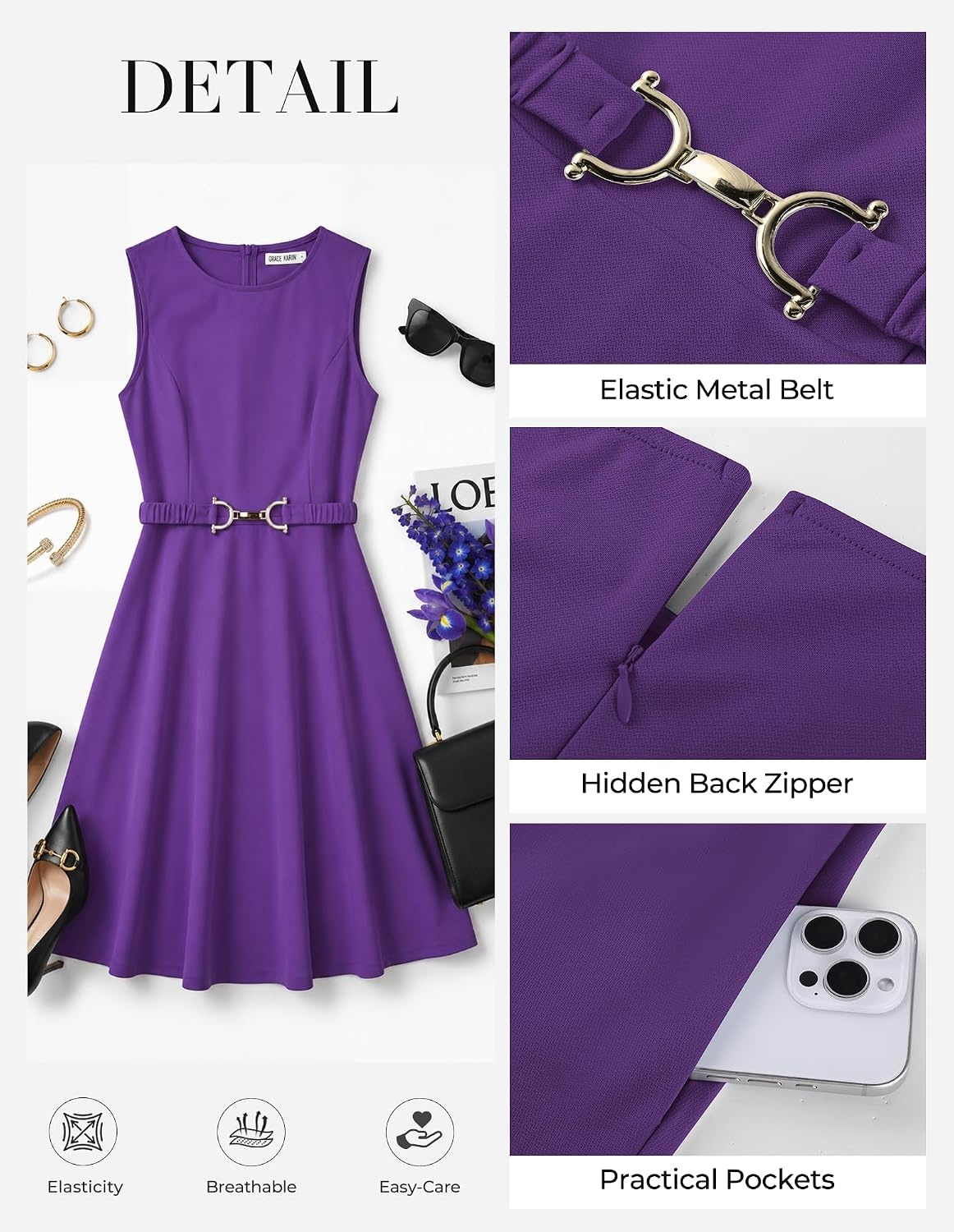 image:imageGRACE KARIN Work Business Midi Flowy Sleeveless Dresses for Women A LineBeltedCollar NeckKnee Lengthwith Pockets ZipperBusiness CausalOfficeChurchFuneralCocktailWeddingProfessionalGrape Purple