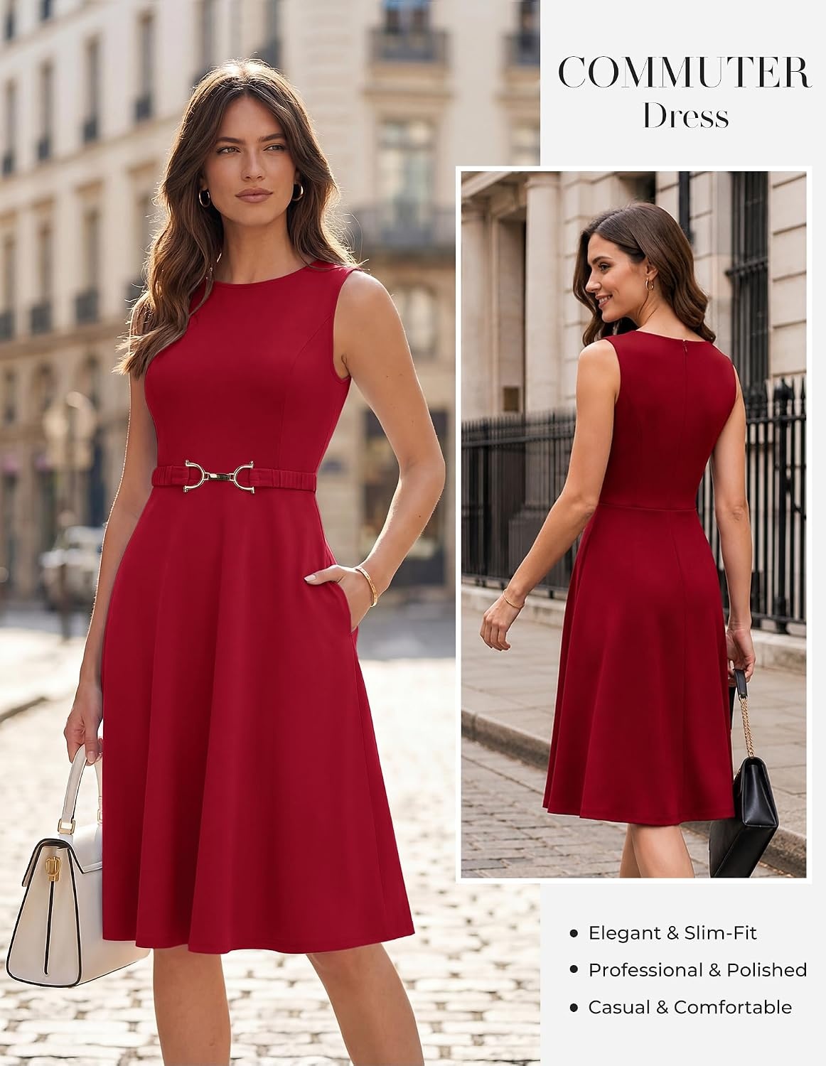 image:imageGRACE KARIN Work Business Midi Flowy Sleeveless Dresses for Women A LineBeltedCollar NeckKnee Lengthwith Pockets ZipperBusiness CausalOfficeChurchFuneralCocktailWeddingProfessionalRed