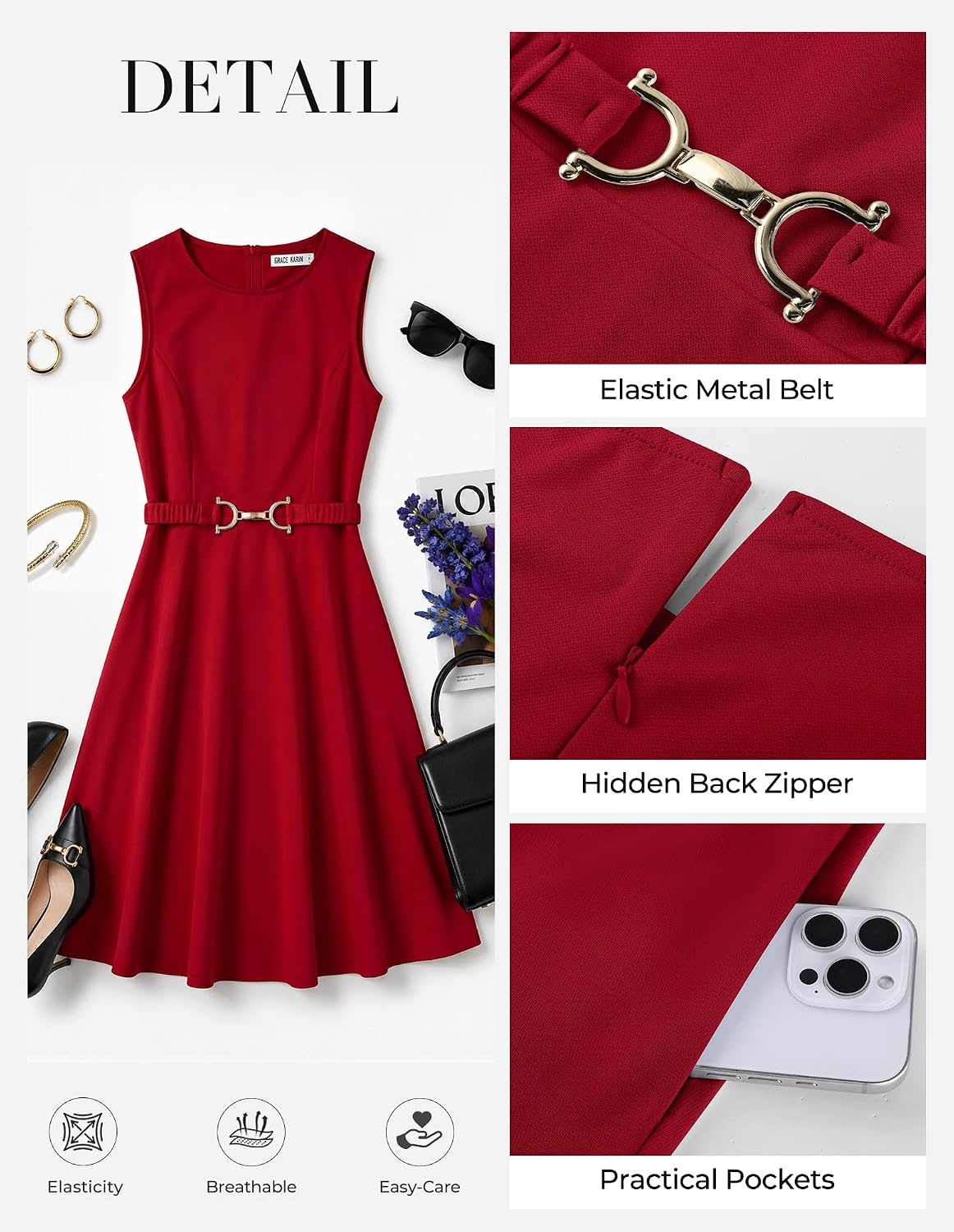 image:imageGRACE KARIN Work Business Midi Flowy Sleeveless Dresses for Women A LineBeltedCollar NeckKnee Lengthwith Pockets ZipperBusiness CausalOfficeChurchFuneralCocktailWeddingProfessionalRed
