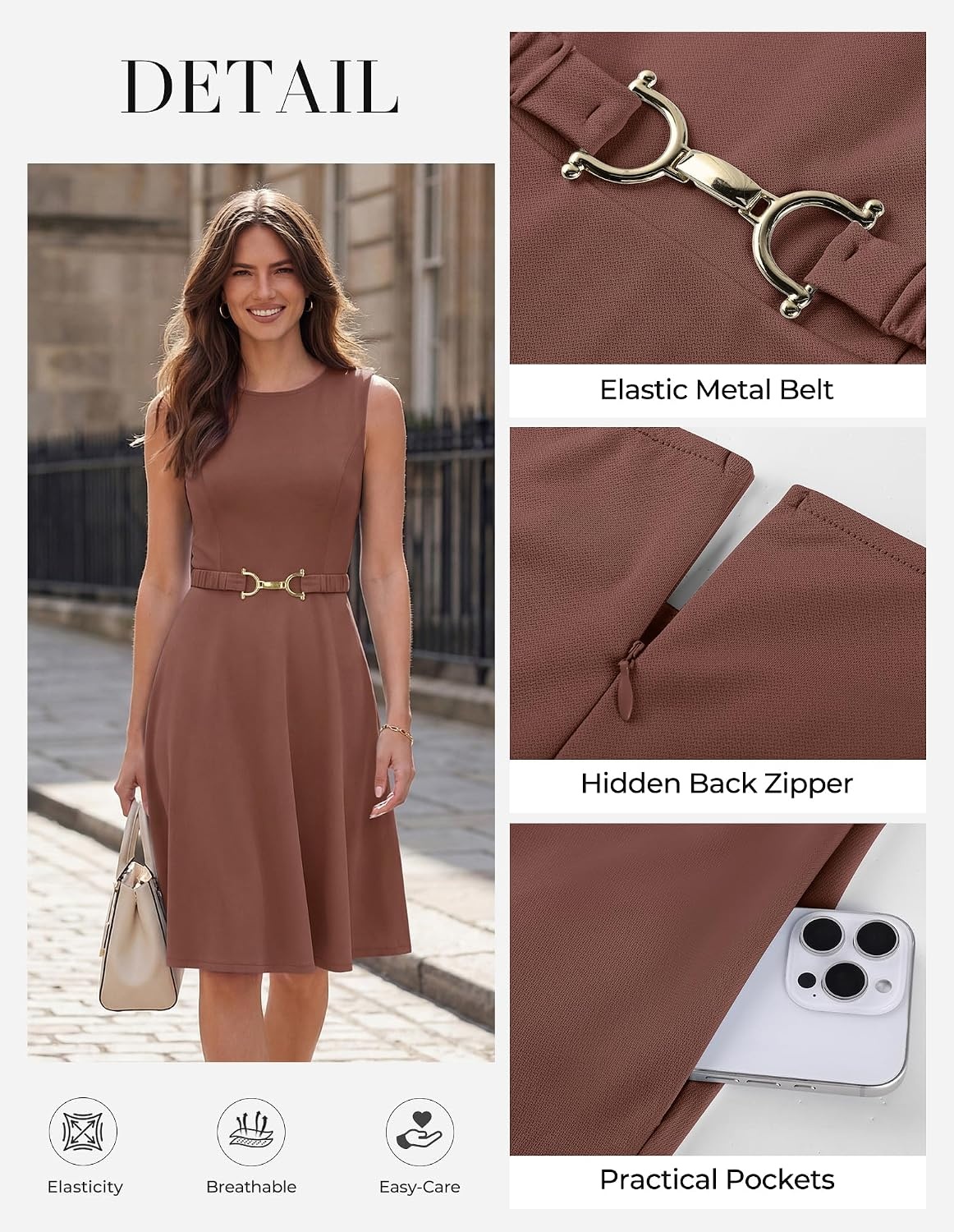 image:imageGRACE KARIN Work Business Midi Flowy Sleeveless Dresses for Women A LineBeltedCollar NeckKnee Lengthwith Pockets ZipperBusiness CausalOfficeChurchFuneralCocktailWeddingProfessionalCoffee