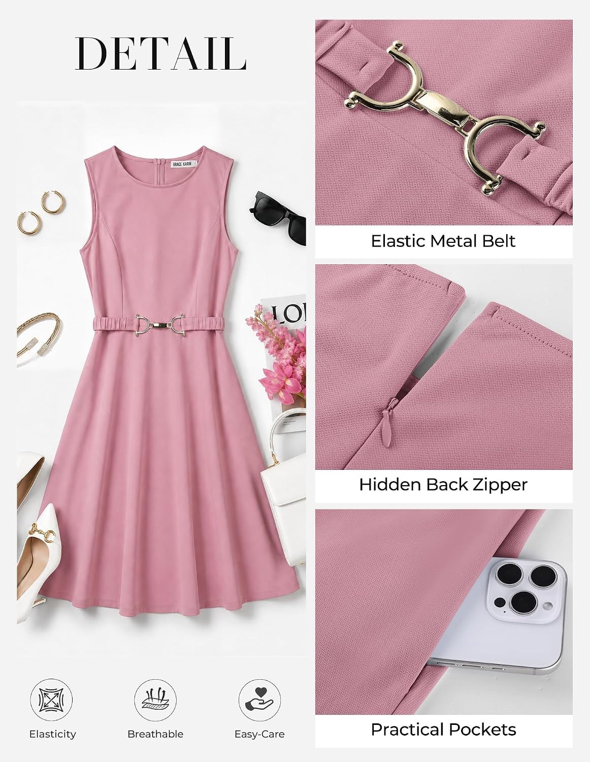 image:imageGRACE KARIN Work Business Midi Flowy Sleeveless Dresses for Women A LineBeltedCollar NeckKnee Lengthwith Pockets ZipperBusiness CausalOfficeChurchFuneralCocktailWeddingProfessionalGray Pink