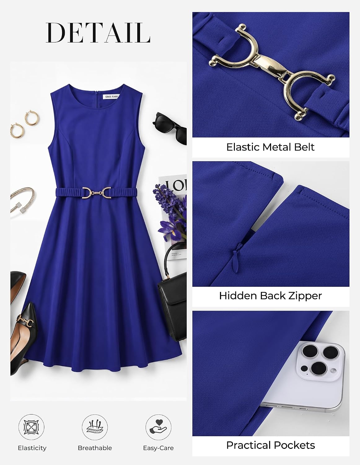 image:imageGRACE KARIN Work Business Midi Flowy Sleeveless Dresses for Women A LineBeltedCollar NeckKnee Lengthwith Pockets ZipperBusiness CausalOfficeChurchFuneralCocktailWeddingProfessionalRoyal Blue