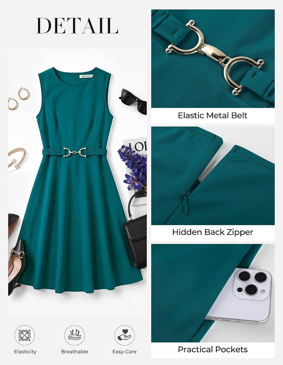 image:imageGRACE KARIN Work Business Midi Flowy Sleeveless Dresses for Women A LineBeltedCollar NeckKnee Lengthwith Pockets ZipperBusiness CausalOfficeChurchFuneralCocktailWeddingProfessionalBlue Green