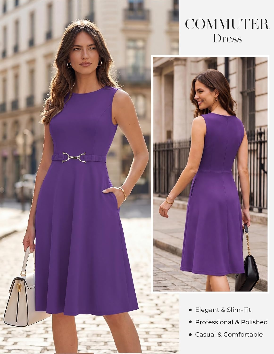 image:imageGRACE KARIN Work Business Midi Flowy Sleeveless Dresses for Women A LineBeltedCollar NeckKnee Lengthwith Pockets ZipperBusiness CausalOfficeChurchFuneralCocktailWeddingProfessionalGrape Purple