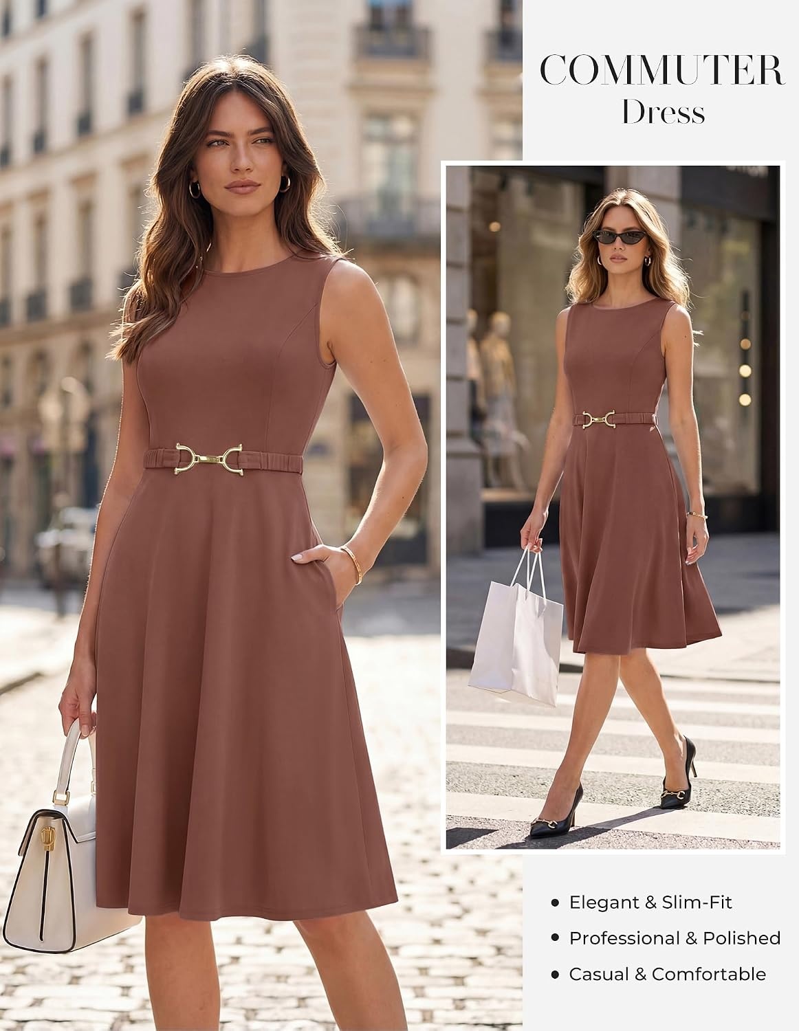 image:imageGRACE KARIN Work Business Midi Flowy Sleeveless Dresses for Women A LineBeltedCollar NeckKnee Lengthwith Pockets ZipperBusiness CausalOfficeChurchFuneralCocktailWeddingProfessionalCoffee