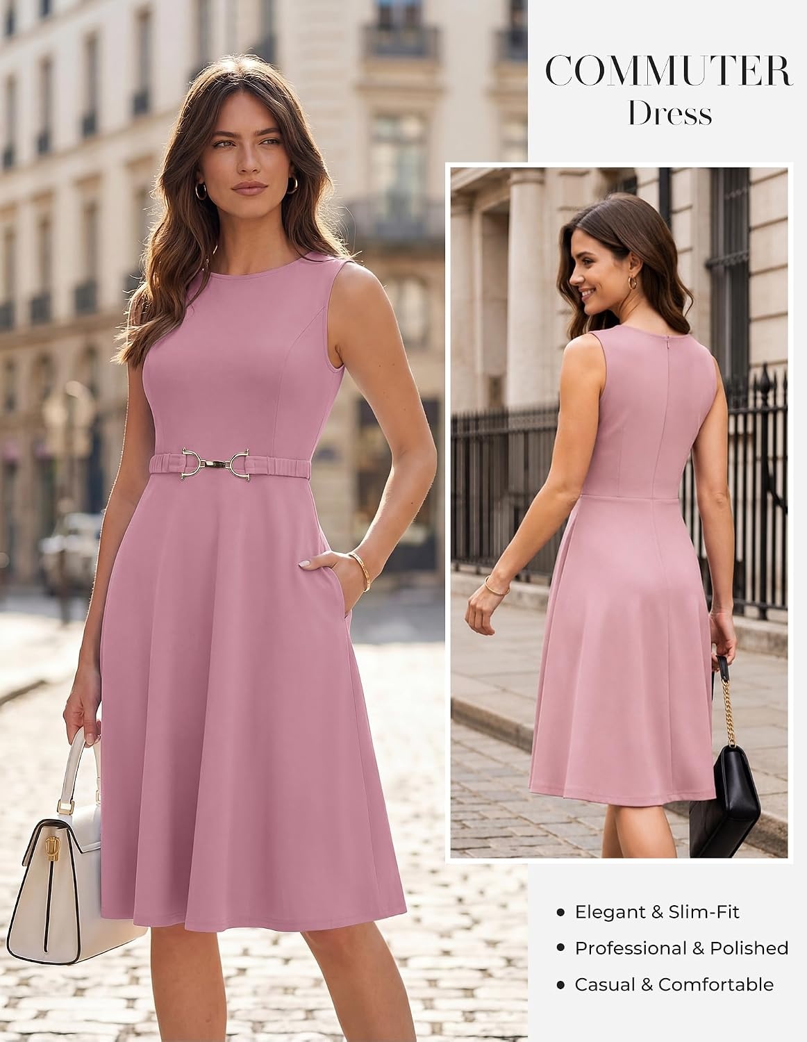 image:imageGRACE KARIN Work Business Midi Flowy Sleeveless Dresses for Women A LineBeltedCollar NeckKnee Lengthwith Pockets ZipperBusiness CausalOfficeChurchFuneralCocktailWeddingProfessionalGray Pink