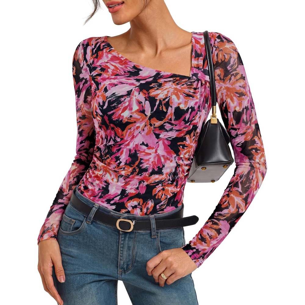 image:imageGRACE KARIN 2026 Womens Mesh Boho Tops Dressy Casual Blouses Fall Clothes Long Sleeve Shirts Floral Top Asymmetrical Ruched Slim Fit Going Out Y2k Fashion TrendyPink Rose
