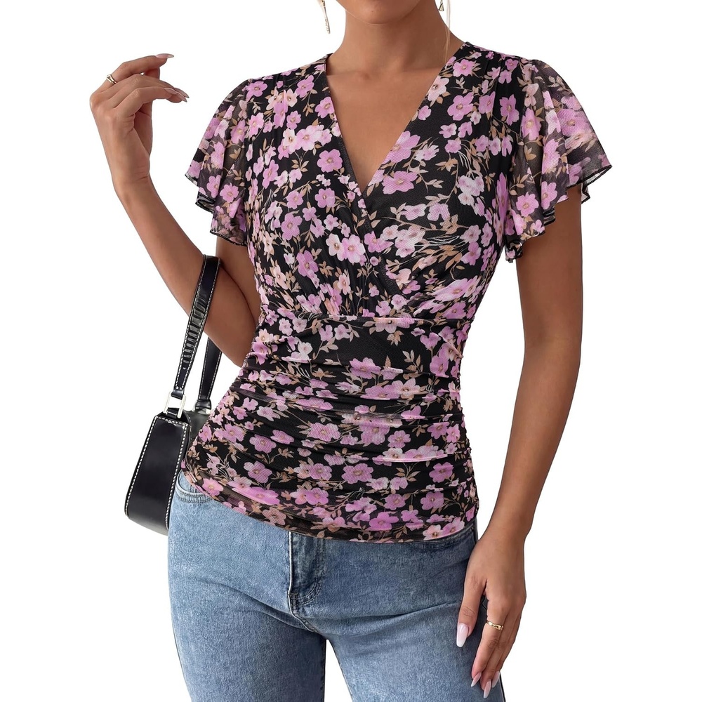 image:imageGRACE KARIN 2026 Womens Mesh Tops Dressy Casual Boho Blouses V Neck Short Sleeve Ruffle Sleeve Wrap Ruch Floral Work Business Office Dating PartyBlack Purple