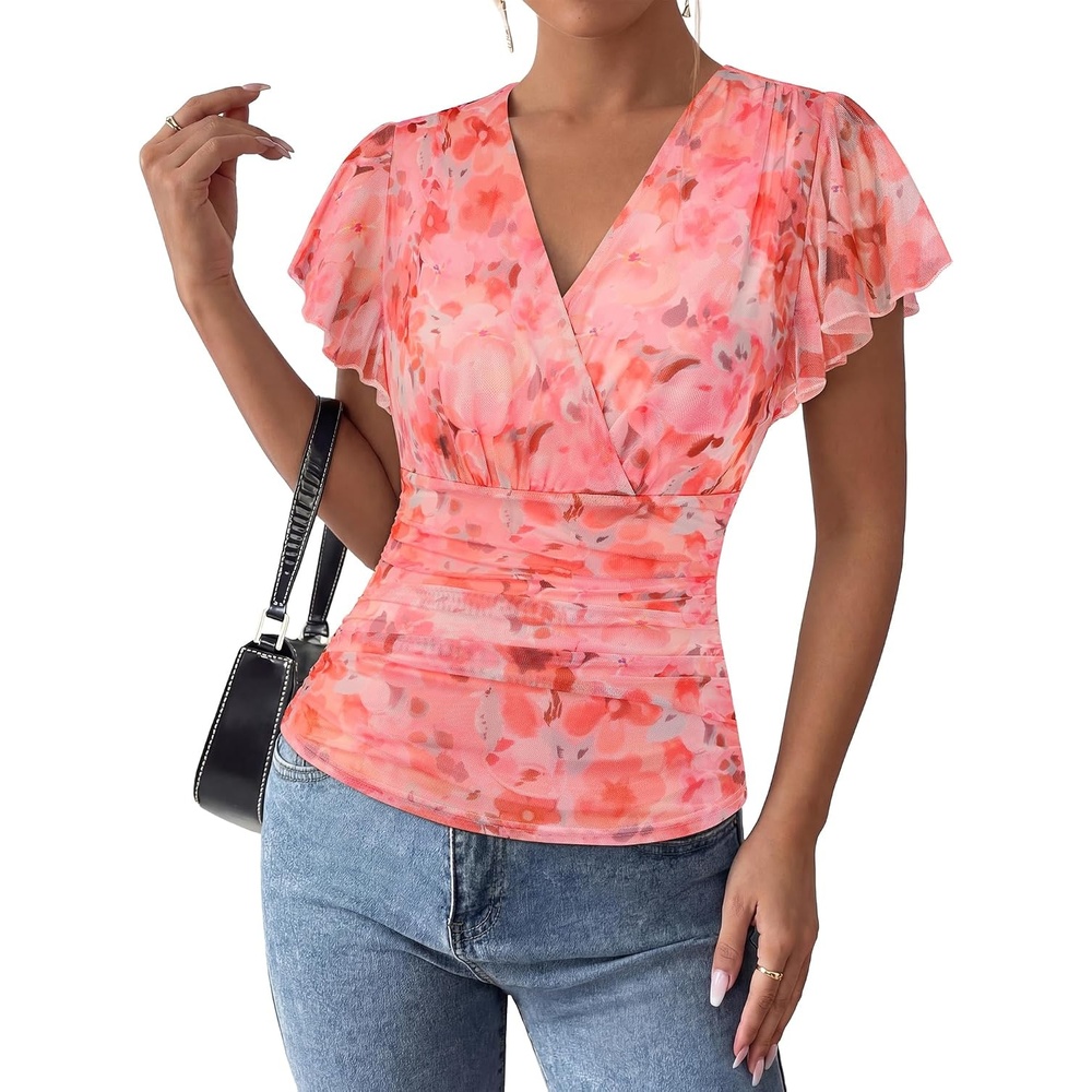 image:imageGRACE KARIN 2026 Womens Mesh Tops Dressy Casual Boho Blouses V Neck Short Sleeve Ruffle Sleeve Wrap Ruch Floral Work Business Office Dating PartyOrange