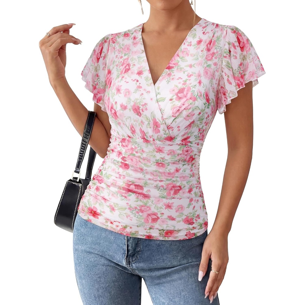 image:imageGRACE KARIN 2026 Womens Mesh Tops Dressy Casual Boho Blouses V Neck Short Sleeve Ruffle Sleeve Wrap Ruch Floral Work Business Office Dating PartyPink White