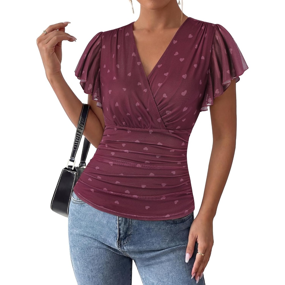 image:imageGRACE KARIN 2026 Womens Mesh Tops Dressy Casual Boho Blouses V Neck Short Sleeve Ruffle Sleeve Wrap Ruch Floral Work Business Office Dating PartyWine Red