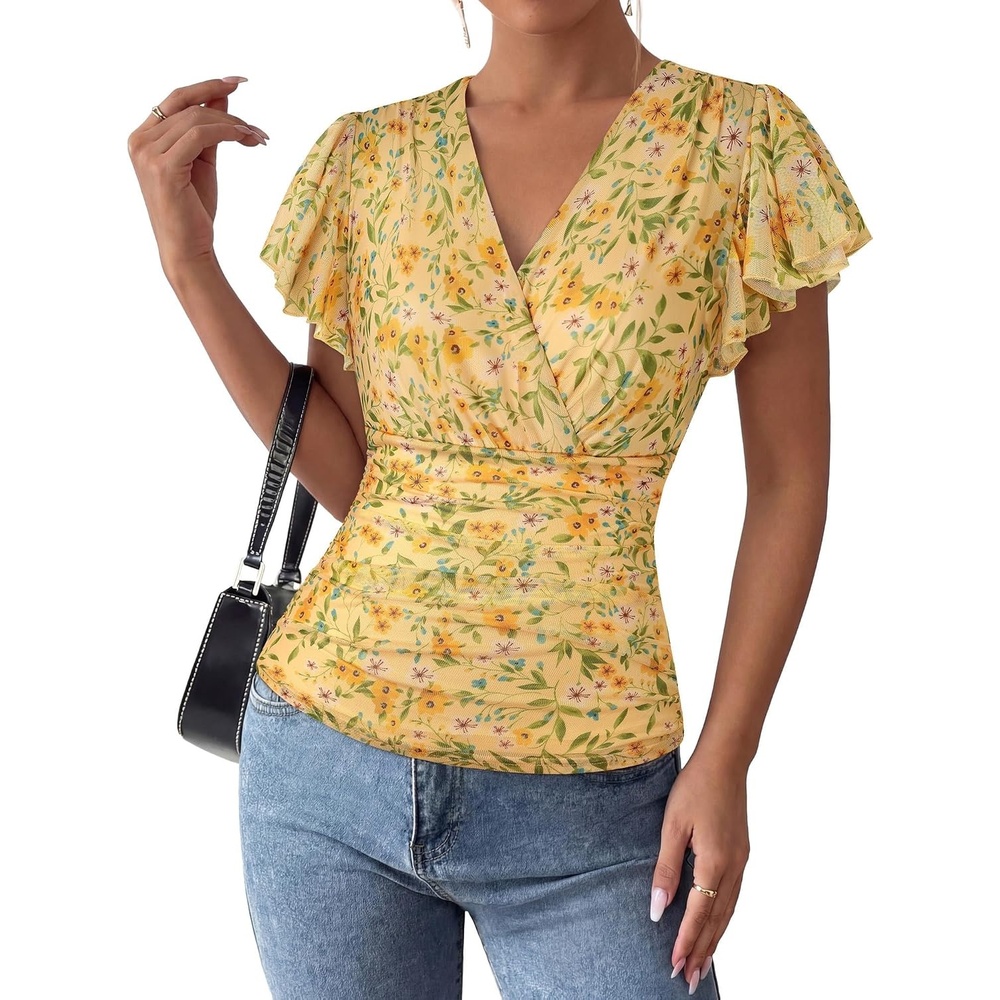 image:imageGRACE KARIN 2026 Womens Mesh Tops Dressy Casual Boho Blouses V Neck Short Sleeve Ruffle Sleeve Wrap Ruch Floral Work Business Office Dating PartyYellow Flower