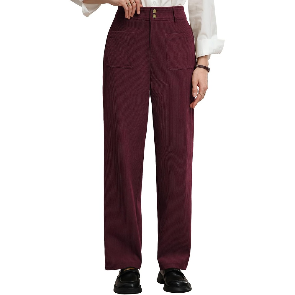 image:imageGRACE KARIN Casual Corduroy Pants for Women 2026 Pencil Trousers  Anklelength Cropped High Elastic Waisted Fall Winter Business Office Work Teacher Comfy DoubleButton FlyWine