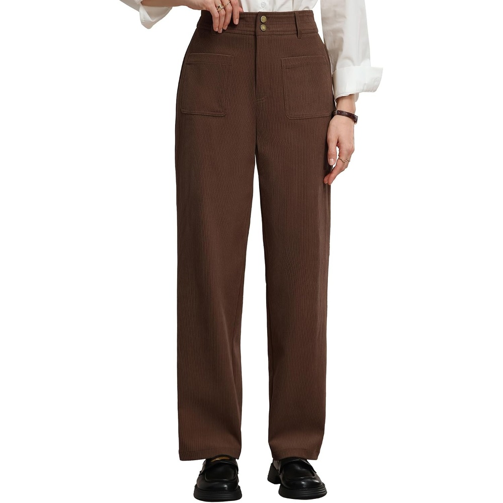 image:imageGRACE KARIN Casual Corduroy Pants for Women 2026 Pencil Trousers Anklelength Cropped High Elastic Waisted Fall Winter Business Office Work Teacher Comfy DoubleButton FlyDark Brown
