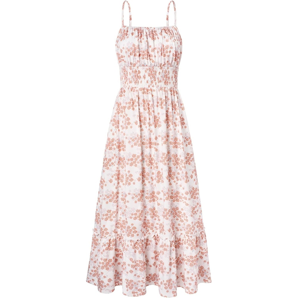 image:imageGRACE KARIN Summer Dresses for Women 2026 Vacation Boho Maxi Sundress Casual Smocked Waist Floral Printed Spaghetti Strap Sleeveless Beach Dresses With Pockets Fashion OutfitsBeige Floral