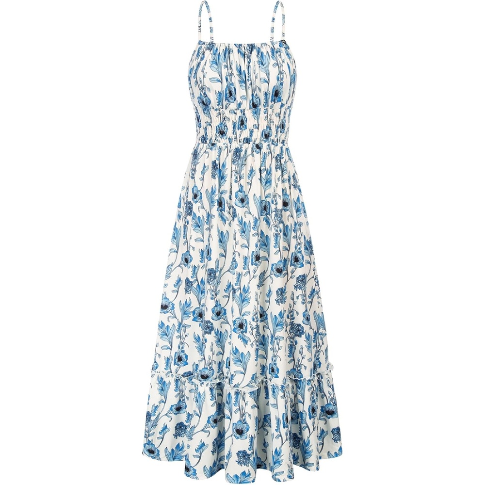 image:imageGRACE KARIN Summer Dresses for Women 2026 Vacation Boho Maxi Sundress  Casual Smocked Waist Floral Printed Spaghetti Strap Sleeveless Beach Dresses With Pockets Fashion OutfitsBlue Floral