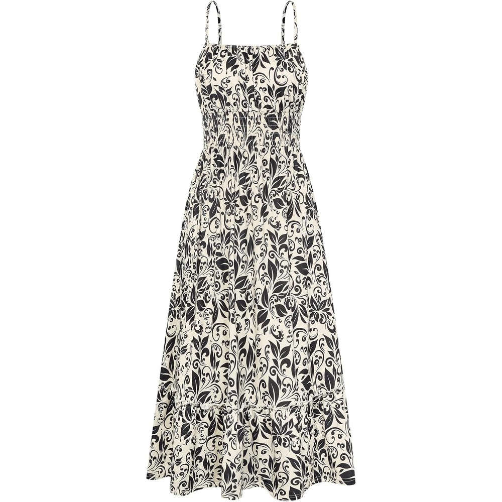 image:imageGRACE KARIN Summer Dresses for Women 2026 Vacation Boho Maxi Sundress Casual Smocked Waist Floral Printed Spaghetti Strap Sleeveless Beach Dresses With Pockets Fashion OutfitsBeige Black