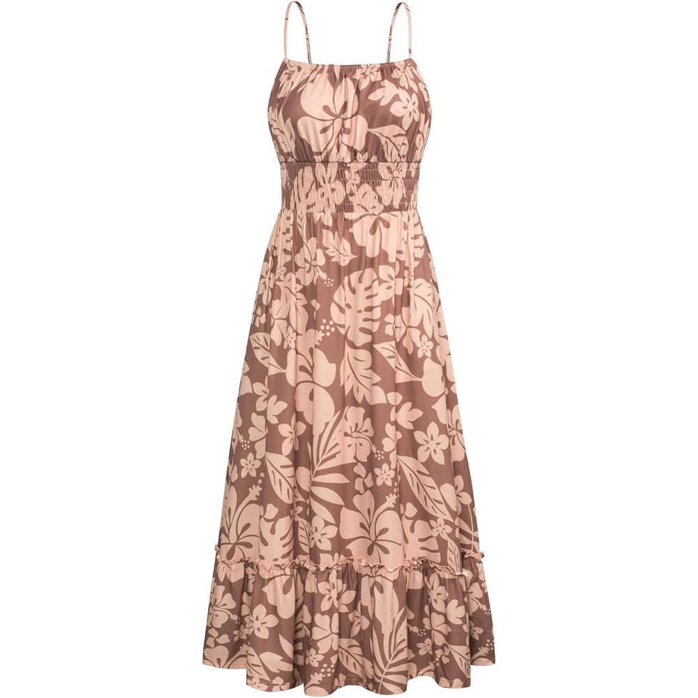 image:imageGRACE KARIN Summer Dresses for Women 2026 Vacation Boho Maxi Sundress  Casual Smocked Waist Floral Printed Spaghetti Strap Sleeveless Beach Dresses With Pockets Fashion OutfitsCoffee Floral