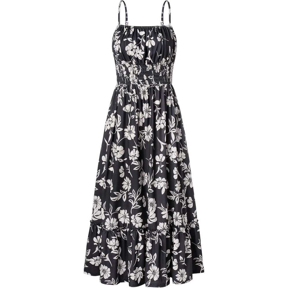 image:imageGRACE KARIN Summer Dresses for Women 2026 Vacation Boho Maxi Sundress Casual Smocked Waist Floral Printed Spaghetti Strap Sleeveless Beach Dresses With Pockets Fashion OutfitsBlack Vine