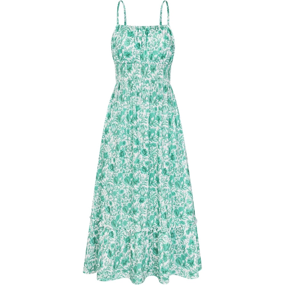 image:imageGRACE KARIN Summer Dresses for Women 2026 Vacation Boho Maxi Sundress Casual Smocked Waist Floral Printed Spaghetti Strap Sleeveless Beach Dresses With Pockets Fashion OutfitsGreen Vine