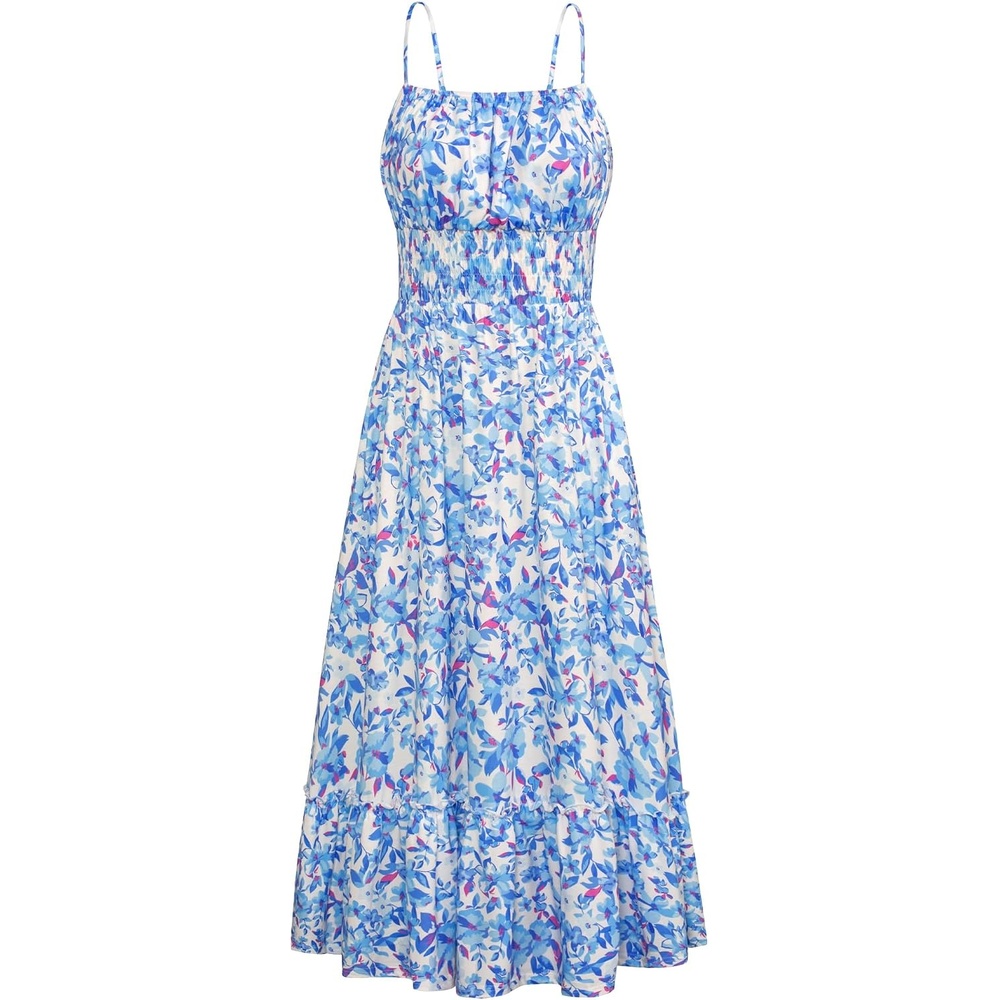 image:imageGRACE KARIN Summer Dresses for Women 2026 Vacation Boho Maxi Sundress Casual Smocked Waist Floral Printed Spaghetti Strap Sleeveless Beach Dresses With Pockets Fashion OutfitsBlue Floral Bright