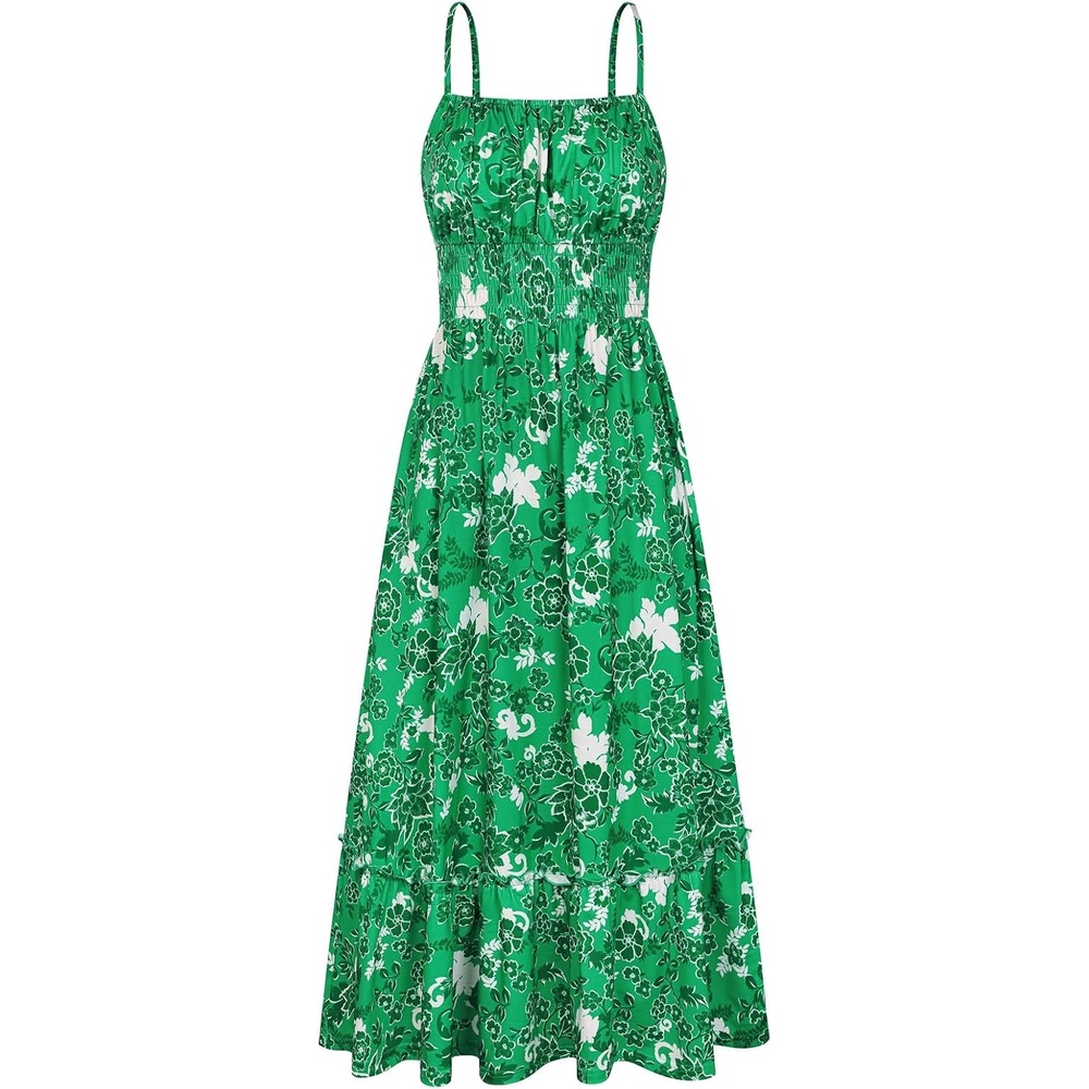 image:imageGRACE KARIN Summer Dresses for Women 2026 Vacation Boho Maxi Sundress Casual Smocked Waist Floral Printed Spaghetti Strap Sleeveless Beach Dresses With Pockets Fashion OutfitsGreen White