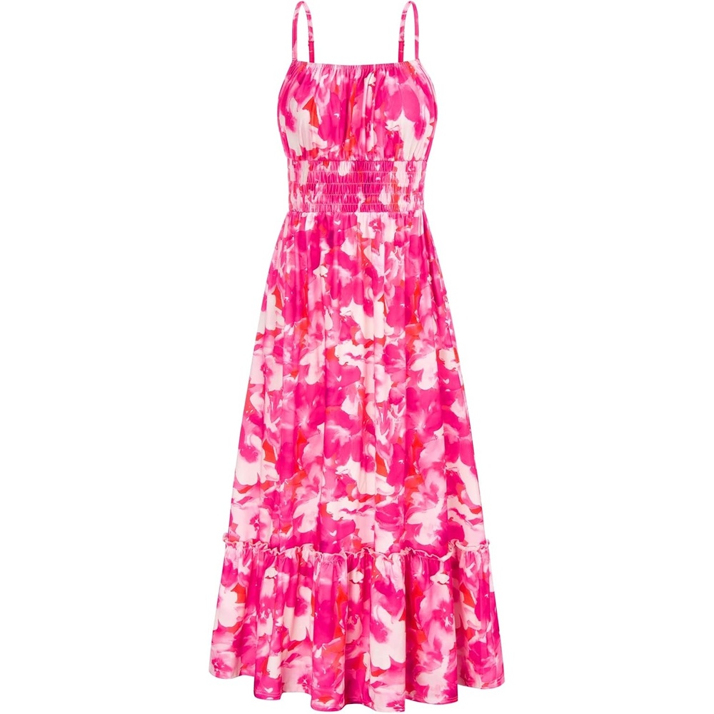 image:imageGRACE KARIN Summer Dresses for Women 2026 Vacation Boho Maxi Sundress Casual Smocked Waist Floral Printed Spaghetti Strap Sleeveless Beach Dresses With Pockets Fashion OutfitsRose Red Floral