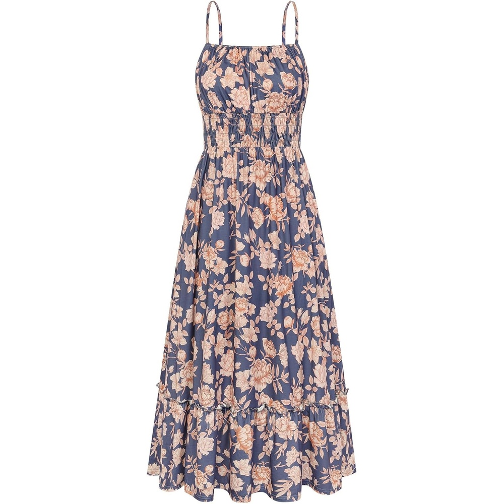 image:imageGRACE KARIN Summer Dresses for Women 2026 Vacation Boho Maxi Sundress Casual Smocked Waist Floral Printed Spaghetti Strap Sleeveless Beach Dresses With Pockets Fashion OutfitsNavy Blue Floral