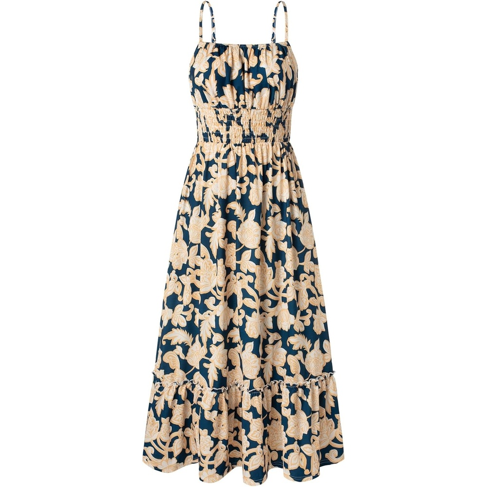 image:imageGRACE KARIN Summer Dresses for Women 2026 Vacation Boho Maxi Sundress Casual Smocked Waist Floral Printed Spaghetti Strap Sleeveless Beach Dresses With Pockets Fashion OutfitsNavy Flower