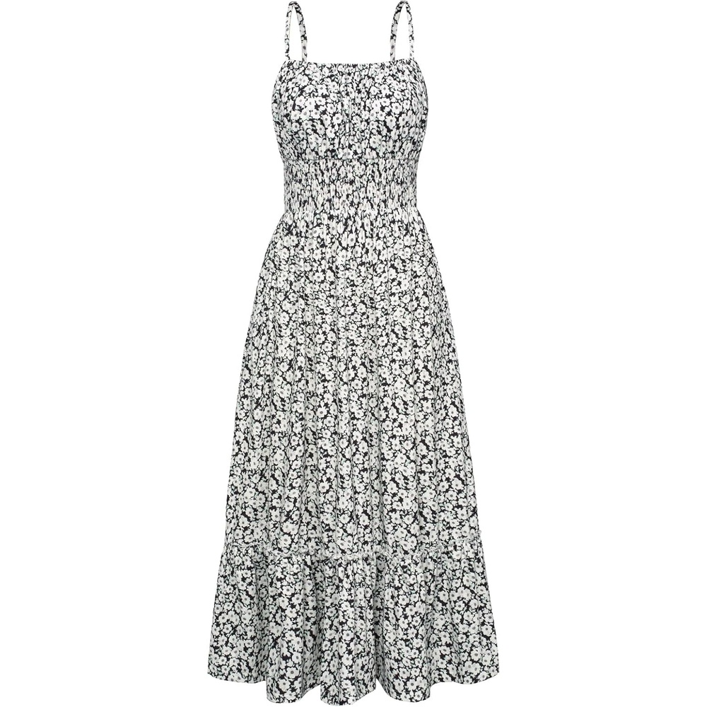 image:imageGRACE KARIN Summer Dresses for Women 2026 Vacation Boho Maxi Sundress Casual Smocked Waist Floral Printed Spaghetti Strap Sleeveless Beach Dresses With Pockets Fashion OutfitsBlack White Foral