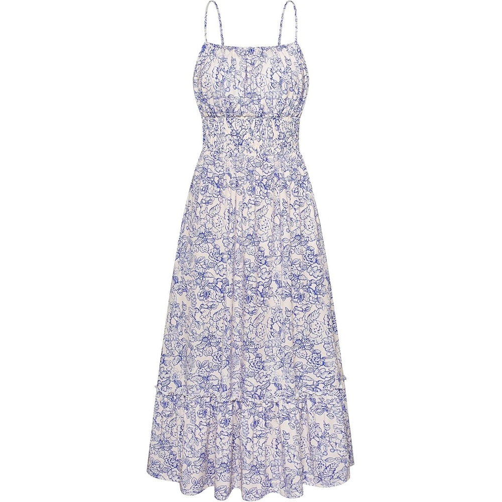 image:imageGRACE KARIN Summer Dresses for Women 2026 Vacation Boho Maxi Sundress  Casual Smocked Waist Floral Printed Spaghetti Strap Sleeveless Beach Dresses With Pockets Fashion OutfitsBlue White Floral