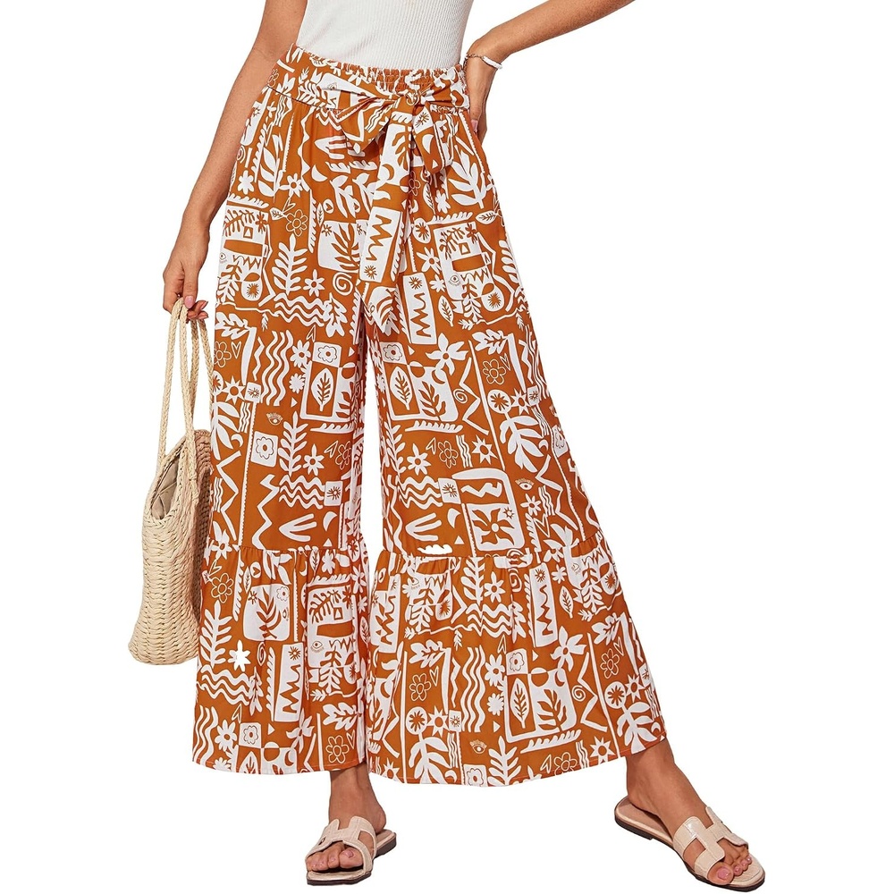 image:imageGRACE KARIN Wome Palazzo Wide Leg Pants Summer Boho Flowy Beach Trousers  BeltedPockestElastic High WaistedPull OnAline FlarePrintedTravelComfyVacationHawaiiHoneymoonOrange Floral