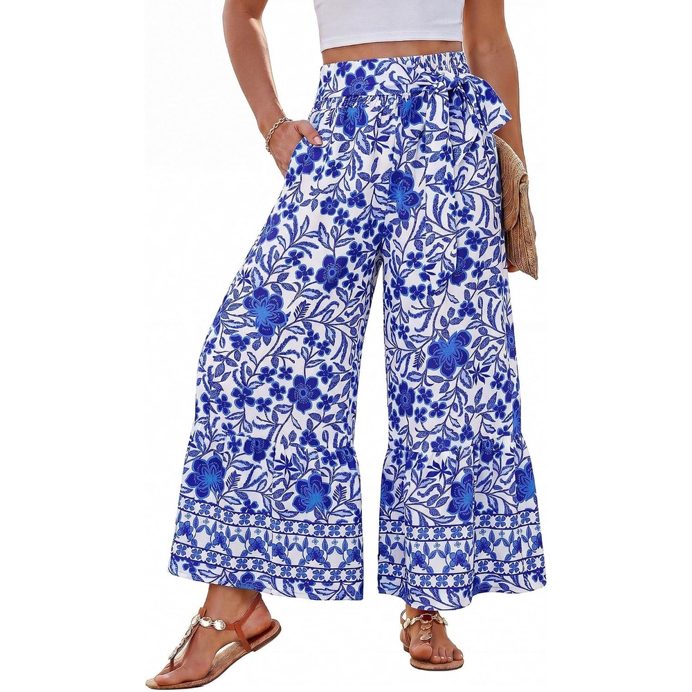 image:imageGRACE KARIN Wome Palazzo Wide Leg Pants Summer Boho Flowy Beach Trousers BeltedPockestElastic High WaistedPull OnAline FlarePrintedTravelComfyVacationHawaiiHoneymoonWhite Blue Floral
